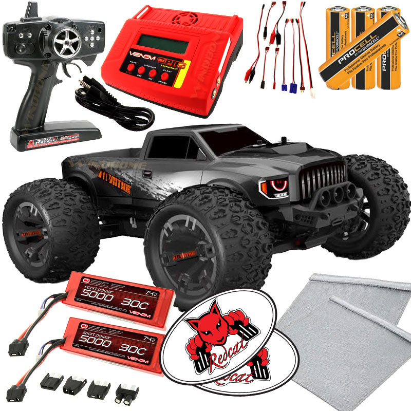 Team RedCat TR-MT10E 1:10 RC Monster Truck Grey Venom Pro2 Battery Bundle + Venom Pro2 Charger + x2 5000mAh LiPO Battery Packs + Flame Retardant Charging Bags + AA Batteries + RedCat Racing Decals - Click Image to Close