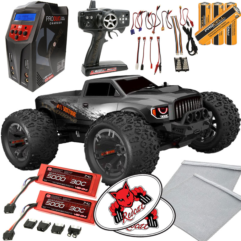 Team RedCat TR-MT10E 1:10 RC Monster Truck Grey Venom Duo Battery Bundle + Venom Duo Pro Charger + x2 5000mAh LiPO Battery Packs + Flame Retardant Charging Bags + AA Batteries + RedCat Racing Decals - Click Image to Close