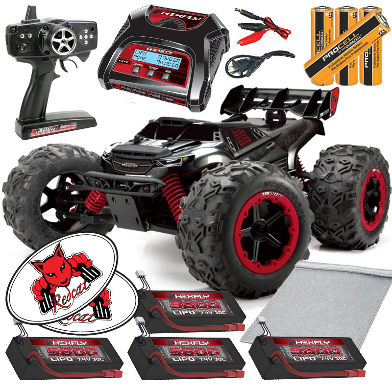 Team RedCat TR-MT8E 1:8 RC Monster Truck Hexfly Charger Battery Bundle + Hexfly Balance Charger + x4 5800mAh LiPO Battery Packs + Flame Retardant Charging Bags + AA Batteries + RedCat Racing Decals